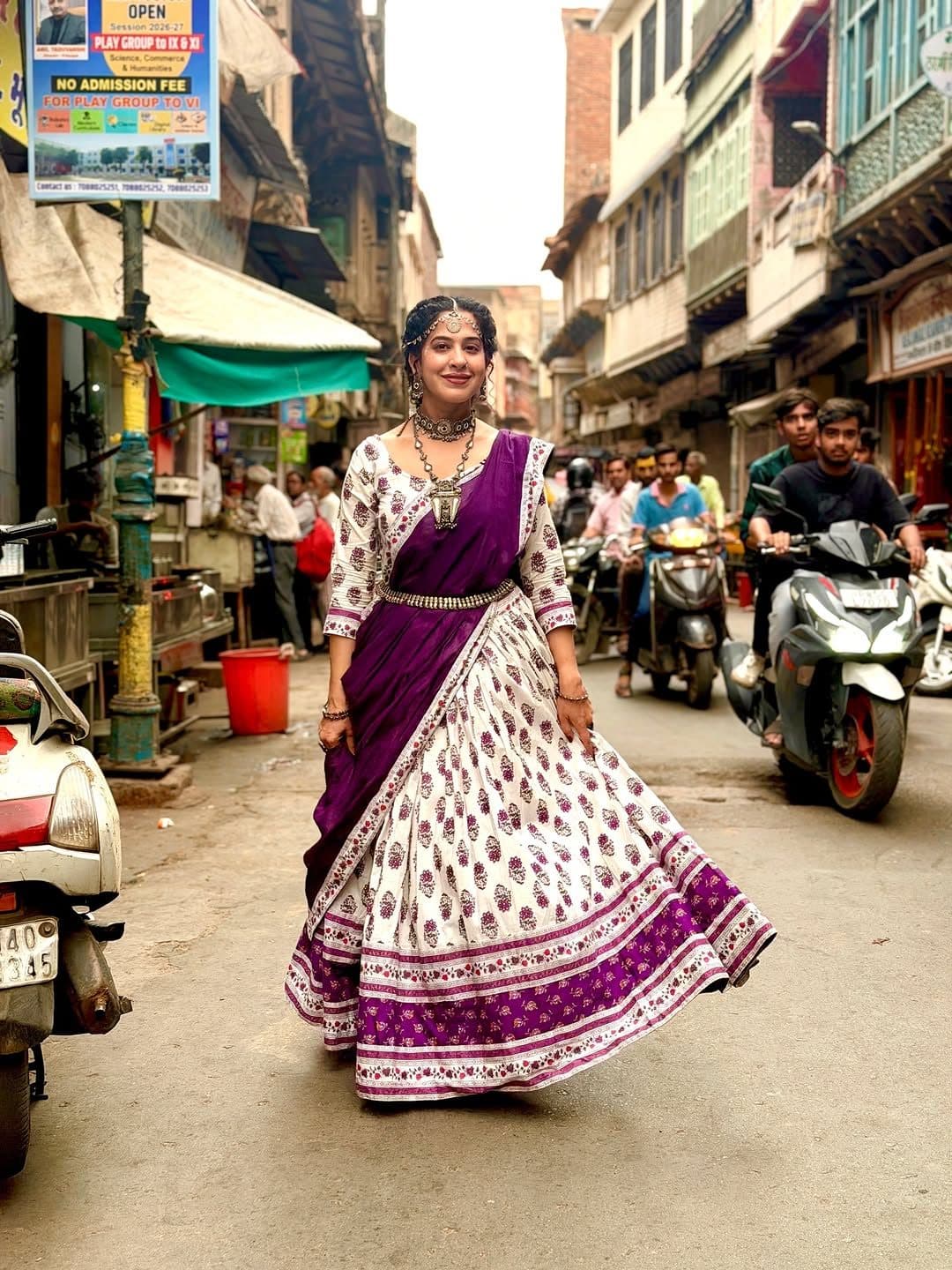 Shubhangi – Ivory skirt with wine-purple buta and a violet dupatta Gopi Dress