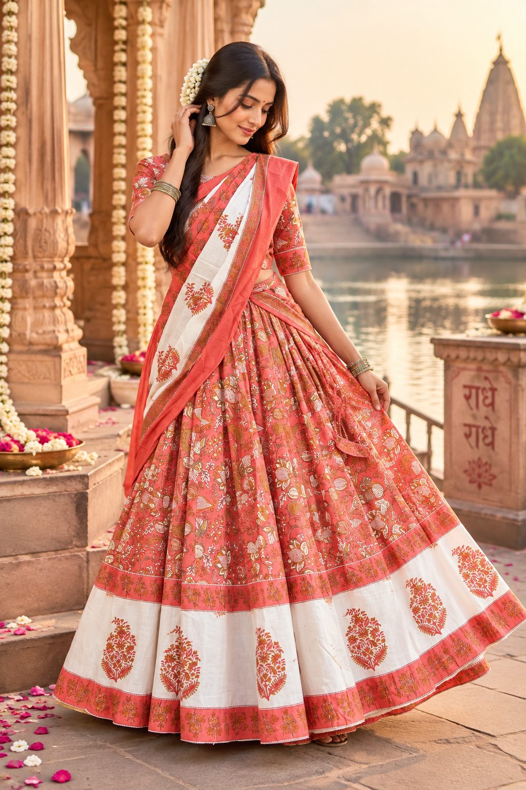 Rasika – Coral floral skirt with white buta border, coral dupatta Gopi Dress