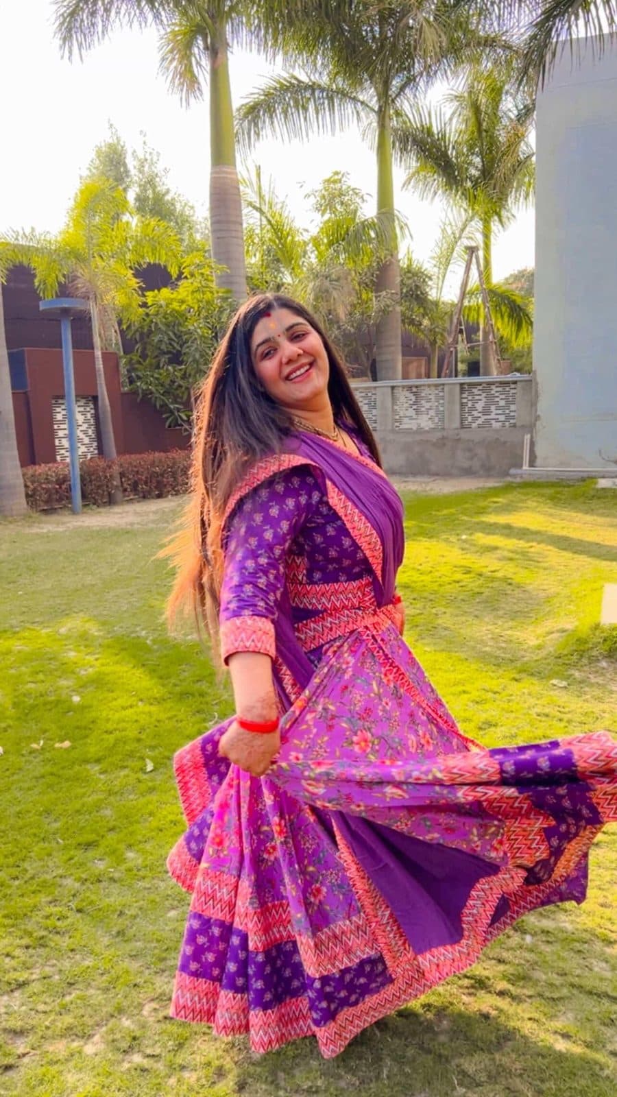 Shringarika – Purple floral skirt with coral chevron and plum dupatta Gopi Dress