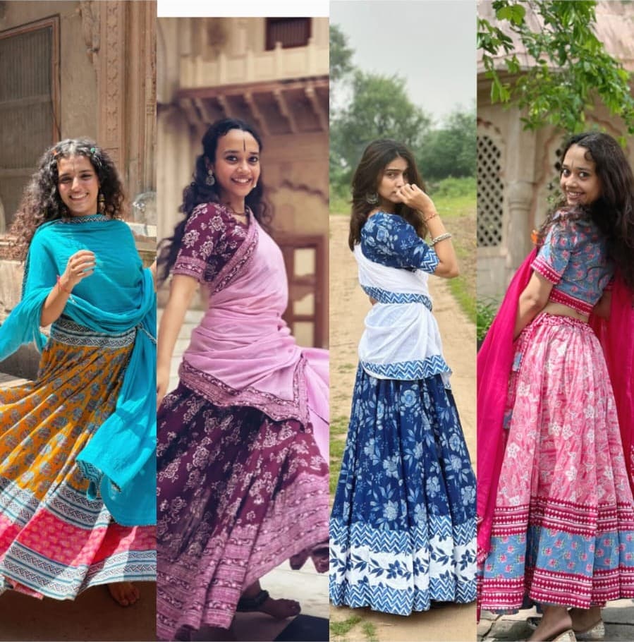 Women in hand-block printed gopi dresses, photographed in Jaipur courtyards