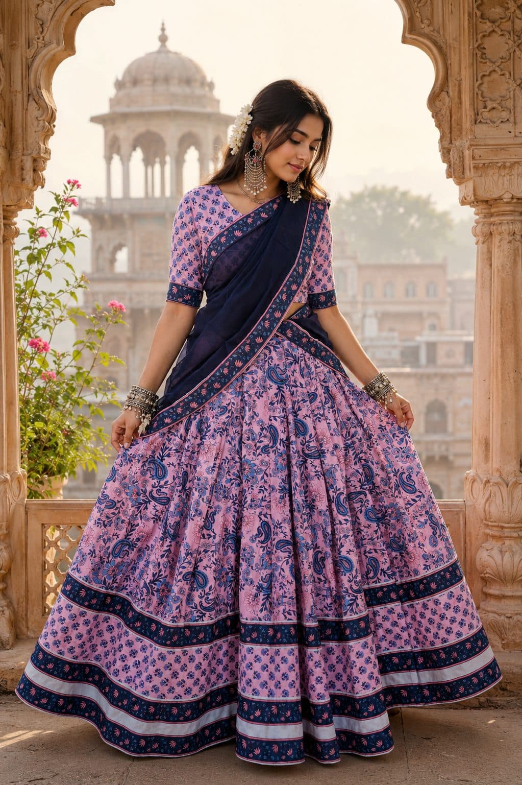 Madhulika – Lilac paisley skirt with striped border and navy dupatta Gopi Dress