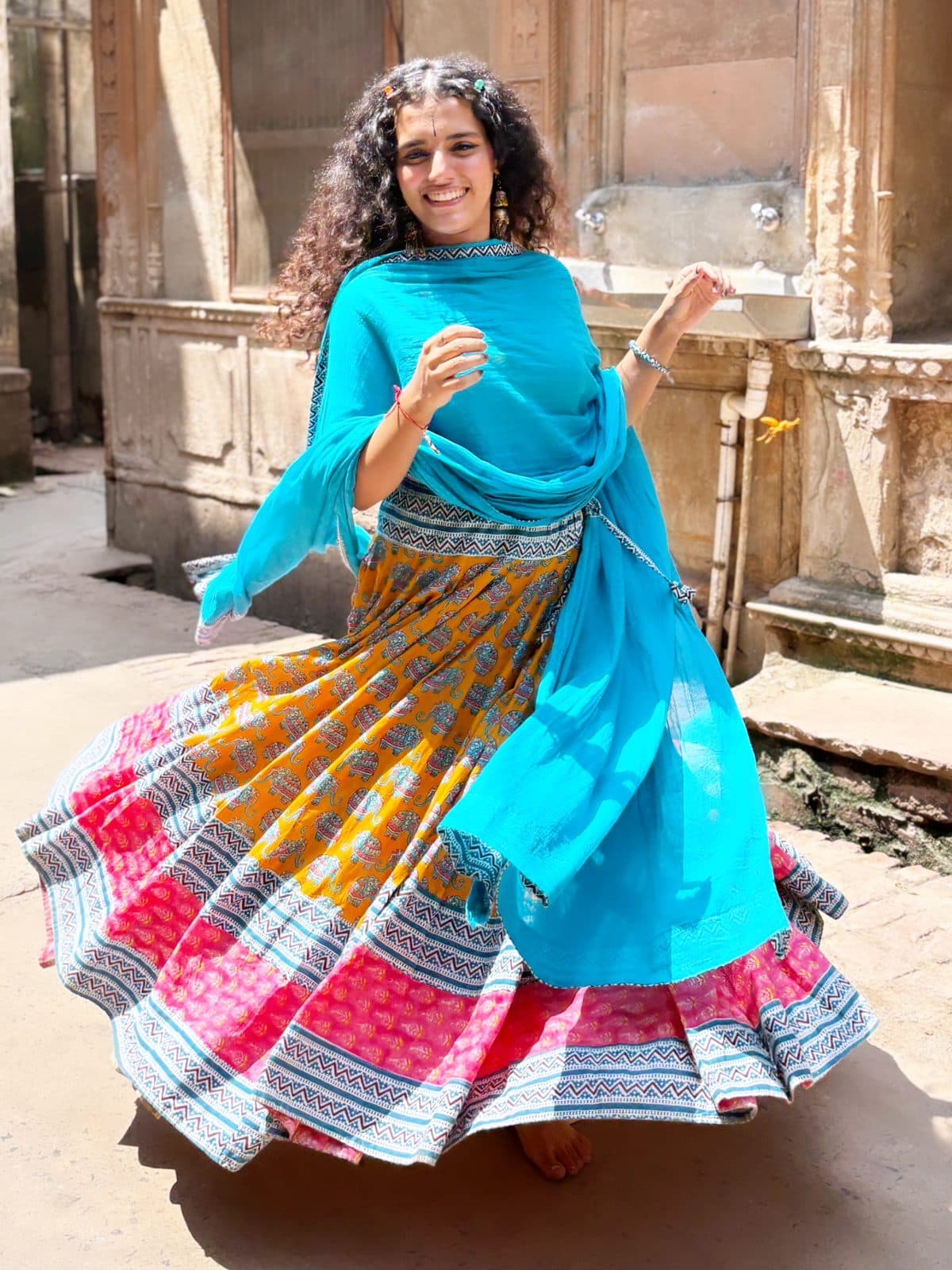 Brajrani – Mustard skirt with elephant buti and a sky-blue dupatta Gopi Dress