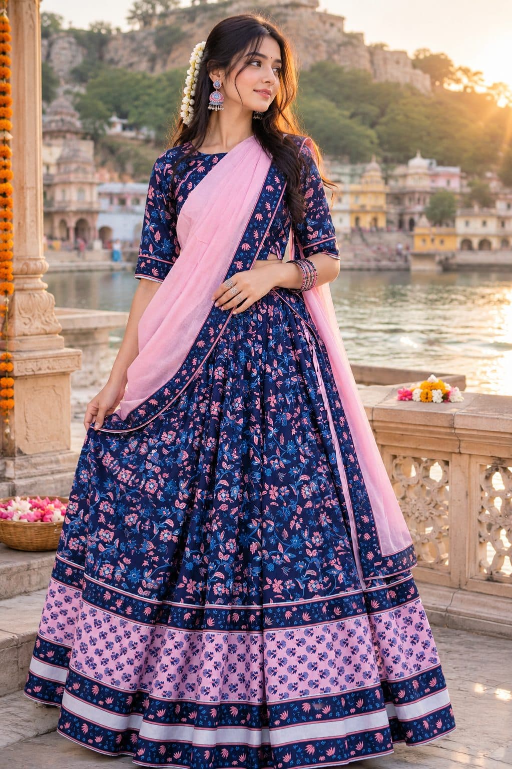 Snehlata – Navy floral skirt with blush border, baby-pink dupatta Gopi Dress