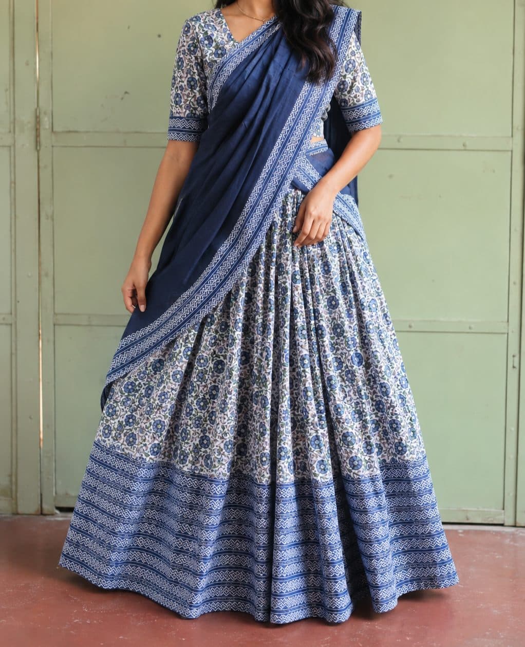 Nandini – Indigo floral skirt, geometric border and blue dupatta Gopi Dress