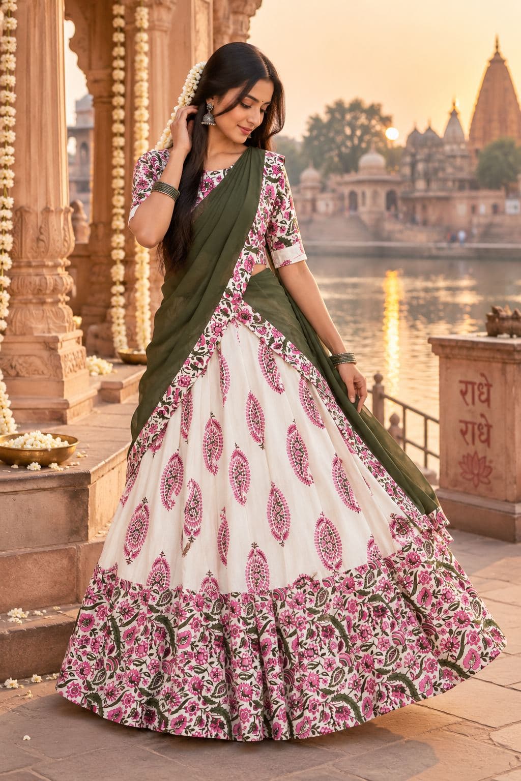 Radhika – Ivory skirt with rose-pink paisley buta, olive dupatta Gopi Dress