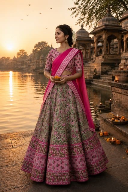 Haripriya – Grey-green jaal-printed skirt with a rani-pink dupatta Gopi Dress