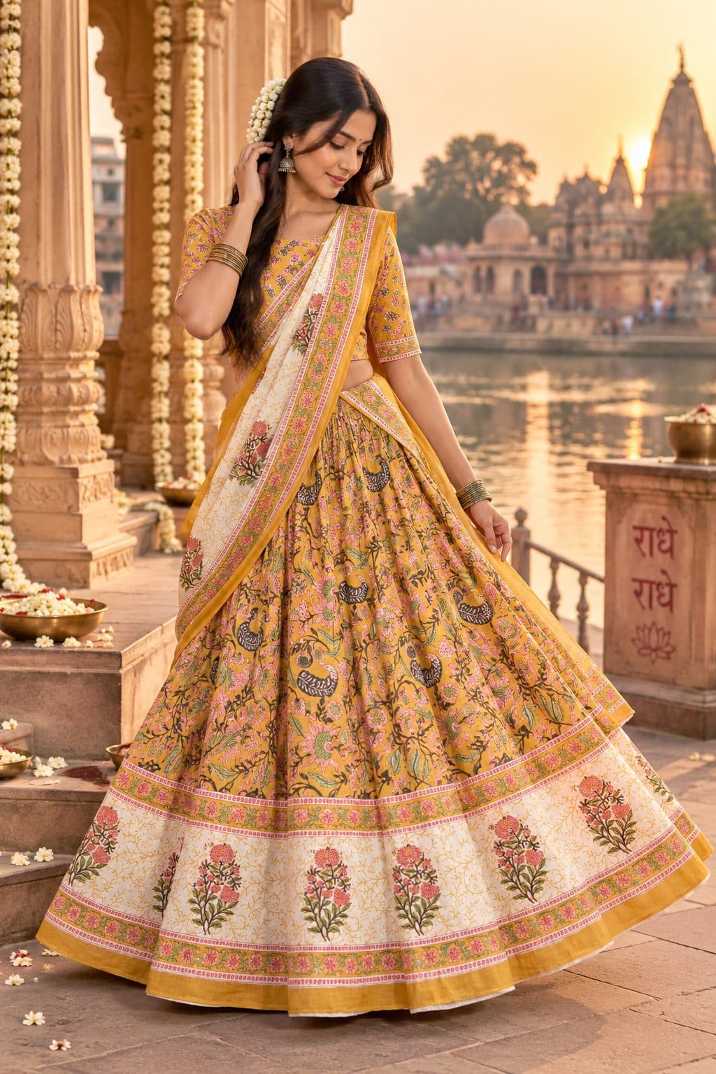 Madhuri – Mango-yellow floral skirt and a matching yellow dupatta Gopi Dress